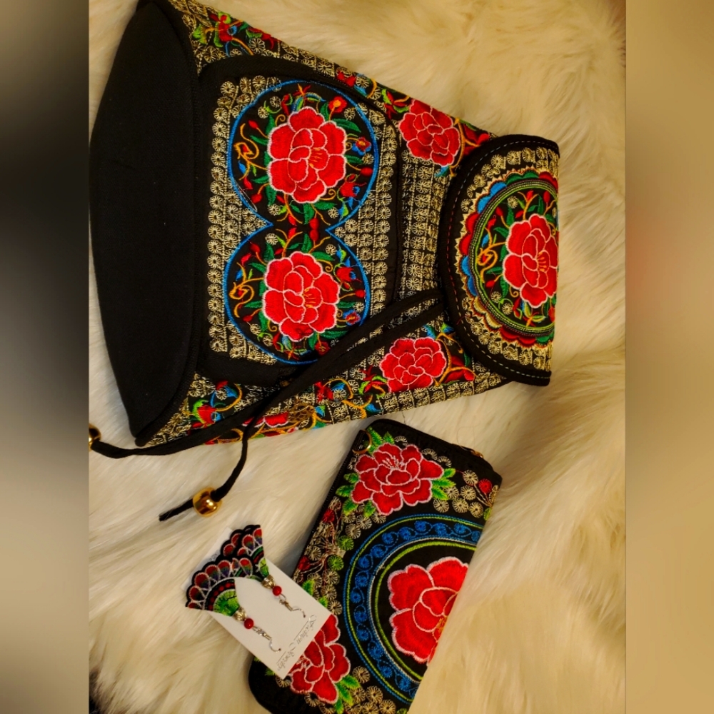 Mexican backpack with matching wallet and earrings.
